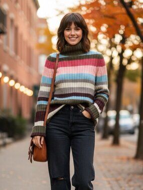 Cashmere Studio 4-Ply 100% Cashmere Ribbed Striped Turtleneck Sweater Size S